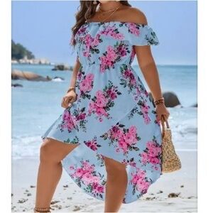 NWOT Floral Off-Shoulder Blue Pink Faux Wrap Skirt Sundress Dress 1X